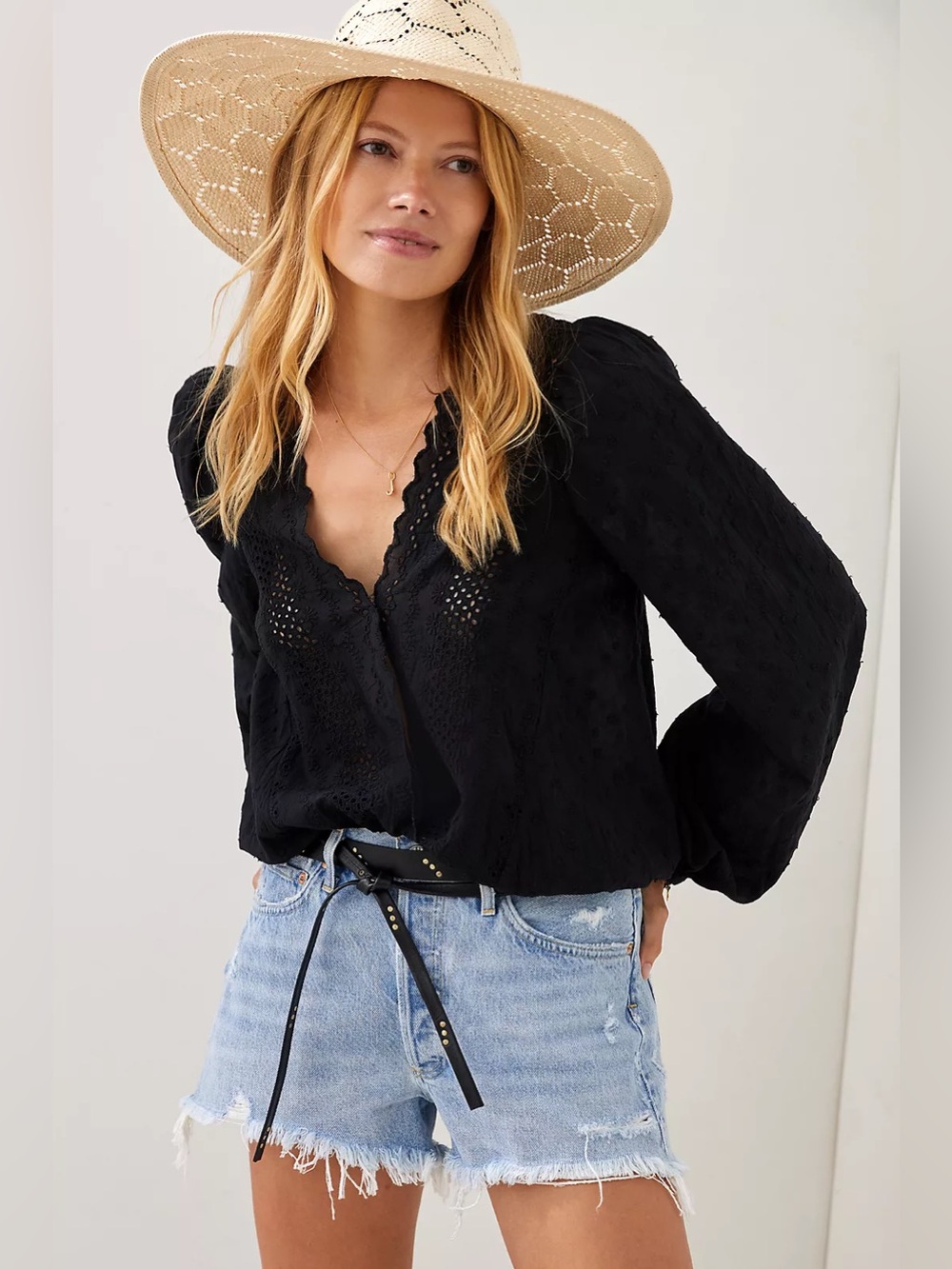 Maeve Surplice Eyelet Blouse in Black Sz L Lace Anthropologie